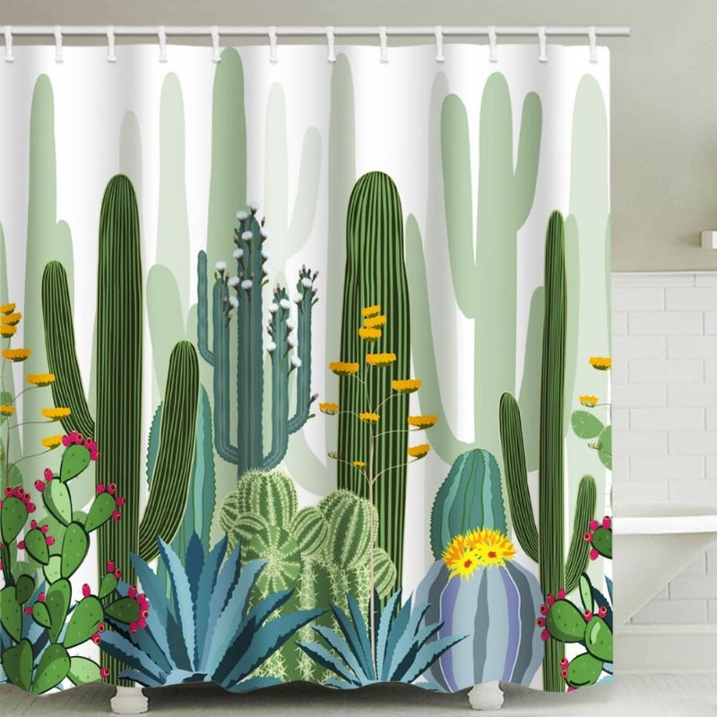 IcosaMro Cactus Shower Curtain for Bathroom with Hooks, Tropical Watercolor Decorative Long Cloth Fabric Shower Curtain Bath Decorations- 71Wx72L, Green - Image 1